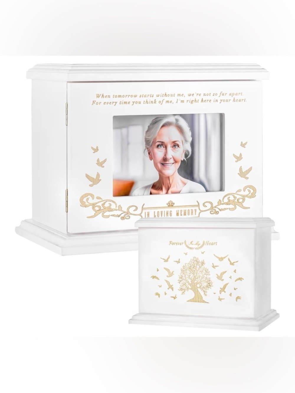 White Memorial Photo Urn Box with Gold Accents - In Loving Memory